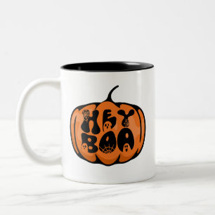 Cute Retro Hey Boo Pumpkin Ghost Black Orange Two-Tone Coffee Mug