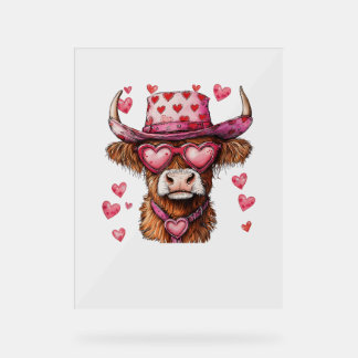 Cute Retro Highland Cow Cowboy Hat Heart Valentine Acrylic Sign