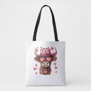 Cute Retro Highland Cow Cowboy Hat Heart Valentine Tote Bag
