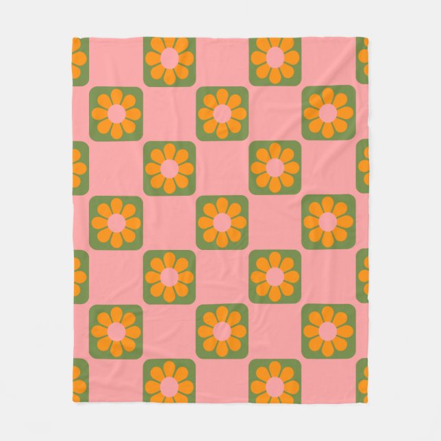 Cute Retro Hippie Flower Chequerboard Pink Green  Fleece Blanket (Front)