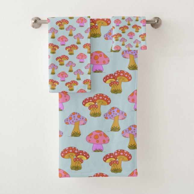 Cute Retro Hippie Mushroom Pattern in Pastel Blue  Bath Towel Set (Insitu)