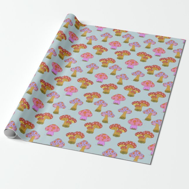 Cute Retro Hippie Mushroom Pattern in Pastel Blue Wrapping Paper (Unrolled)
