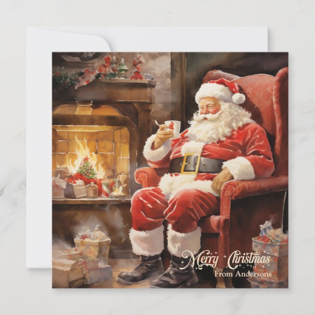 Cute Retro illustration Santa Claus read letters Holiday Card (Front)