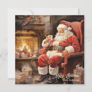 Cute Retro illustration Santa Claus read letters Holiday Card