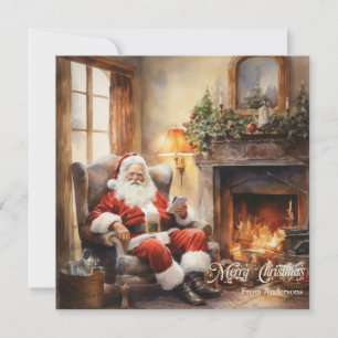 Cute Retro illustration Santa Claus read letters Holiday Card