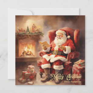 Cute Retro illustration Santa Claus read letters Holiday Card
