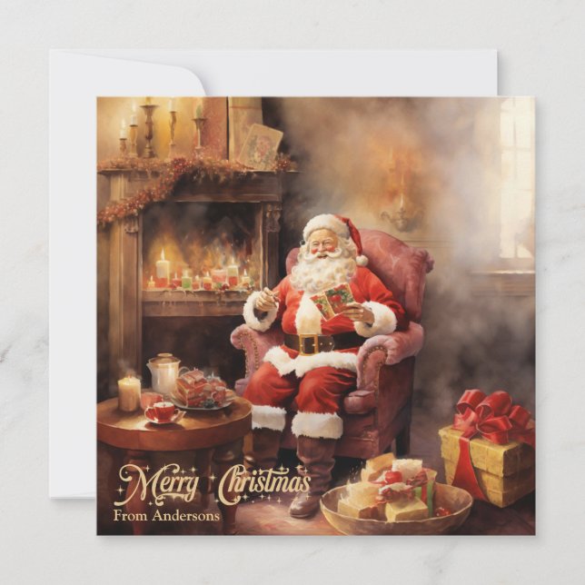 Cute Retro illustration Santa Claus read letters Holiday Card (Front)