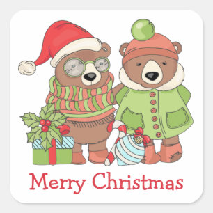 Cute Retro Image Christmas Bears Square Stickers