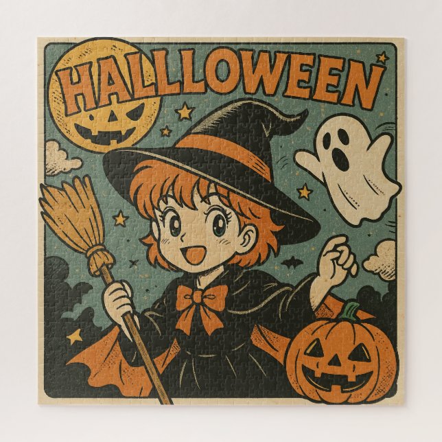 Cute retro Japanese cartoon Halloween Jigsaw Puzzle (Vertical)
