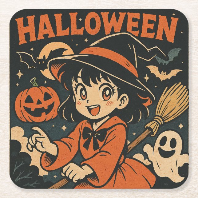 Cute retro Japanese cartoon Halloween Square Paper Coaster (Front)