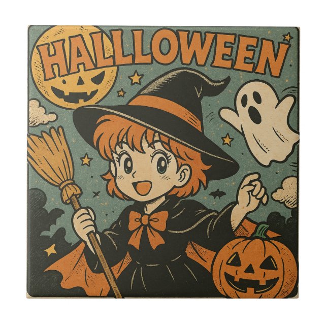 Cute retro Japanese cartoon Halloween Tile (Front)