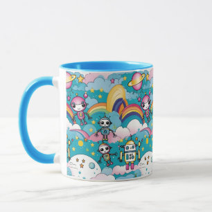 Cute Retro Kawaii Sci-Fi Robots and Rainbows Mug