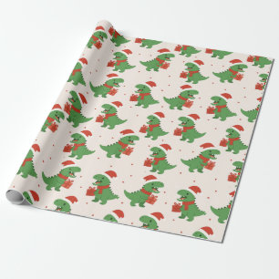Cute Retro Kids T-Rex Xmas Wrapping Paper