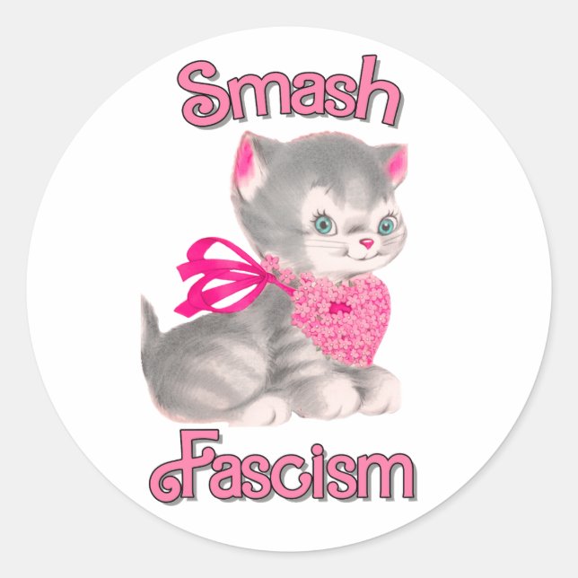 Cute Retro Kitten - Smash Fascism Classic Round Sticker (Front)