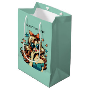Cute retro lady add text medium gift bag