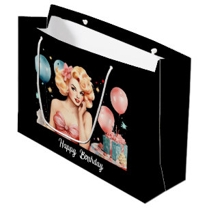 Cute retro lady Happy Birthday customisable  Large Gift Bag