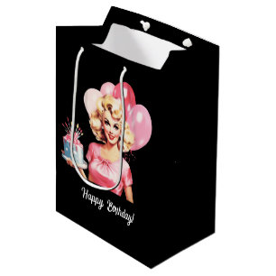 Cute retro lady Happy Birthday customisable Medium Gift Bag