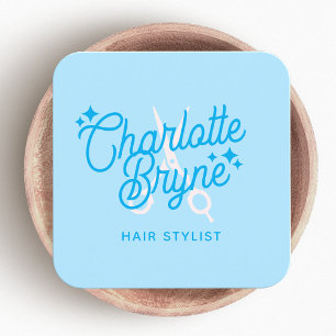 Cute Retro LightBlue Hair Stylist Scissors Square Business Card