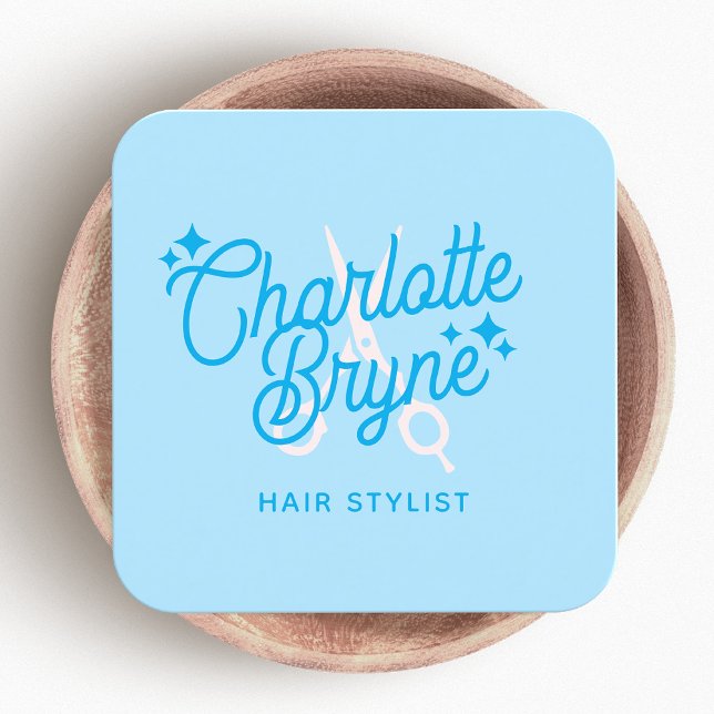 Cute Retro LightBlue Hair Stylist Scissors Square Business Card (Creator Uploaded)