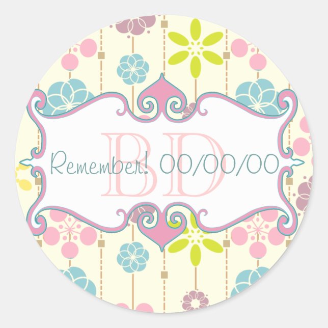 Cute retro look geometric floral pattern with date classic round sticker (Front)