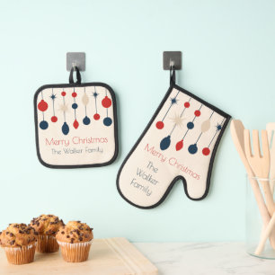 Cute Retro Merry Christmas Red Blue Ornaments Oven Mitt & Pot Holder Set