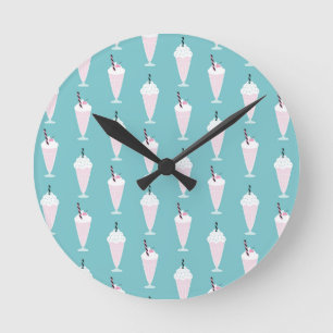 Cute Retro Milkshake Turquoise Round Clock