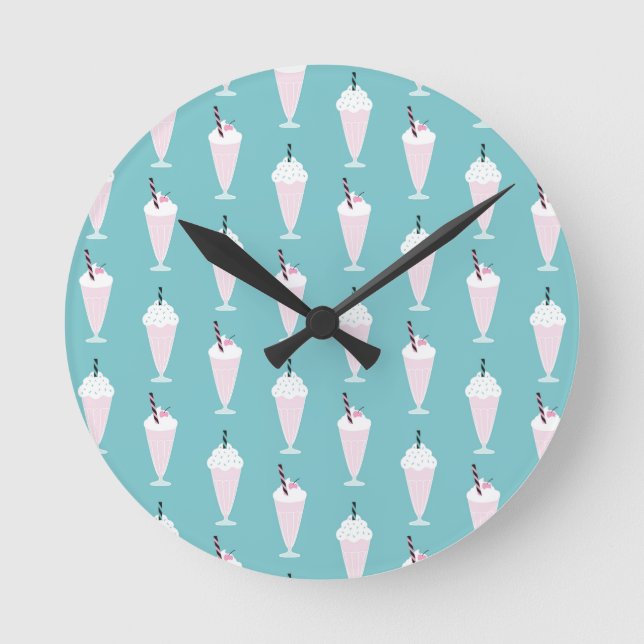 Cute Retro Milkshake Turquoise Round Clock (Front)