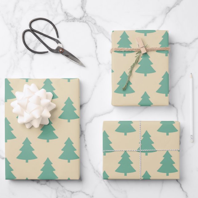 Cute Retro Mint Teal Green Christmas Tree Pattern Wrapping Paper Sheet (Front)