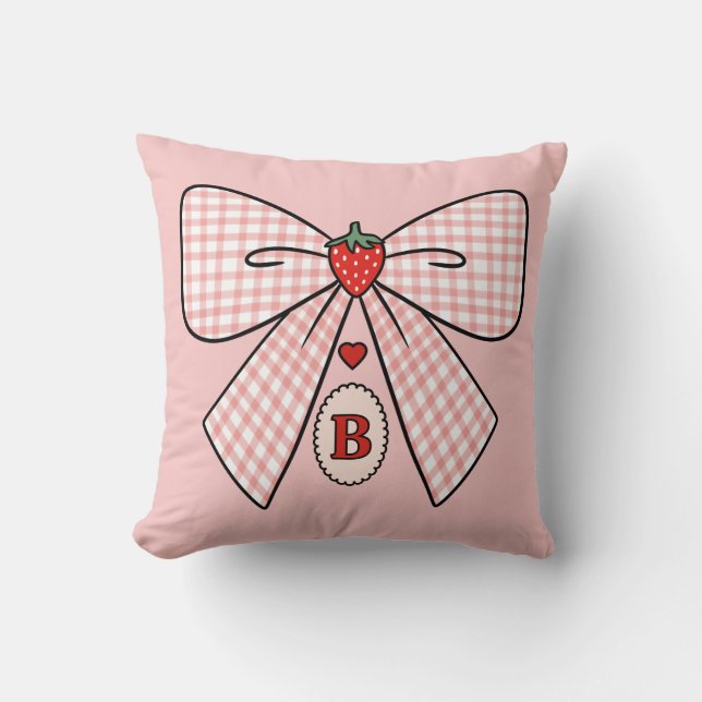 Cute Retro Monogram Initials Strawberry Coquette Cushion (Front)
