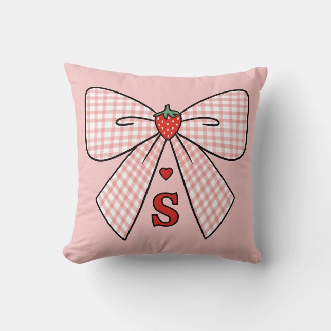Cute Retro Monogram Initials Strawberry Coquette Cushion (Front)