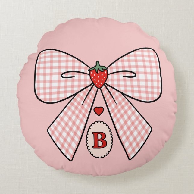 Cute Retro Monogram Initials Strawberry Coquette Round Cushion (Front)