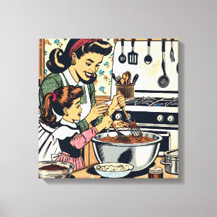 Cute Retro Mum and Daughter Baking Together Canvas Print