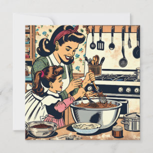 Cute Retro Mum and Daughter Baking Together Card