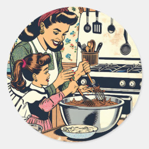 Cute Retro Mum and Daughter Baking Together Classic Round Sticker