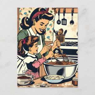 Cute Retro Mum and Daughter Baking Together Postcard