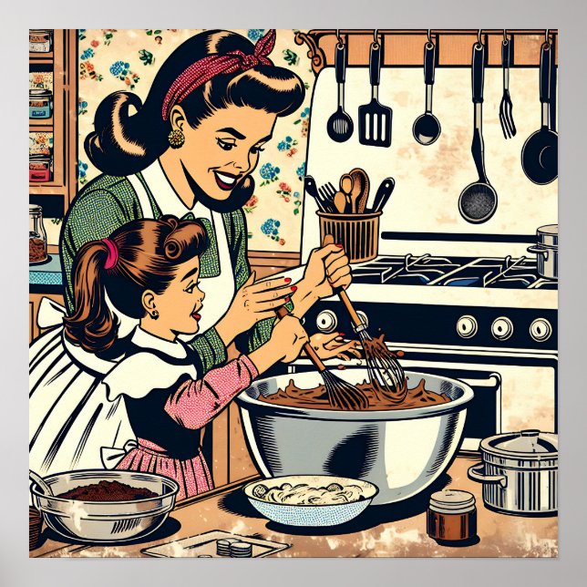 Cute Retro Mum and Daughter Baking Together Poster (Front)