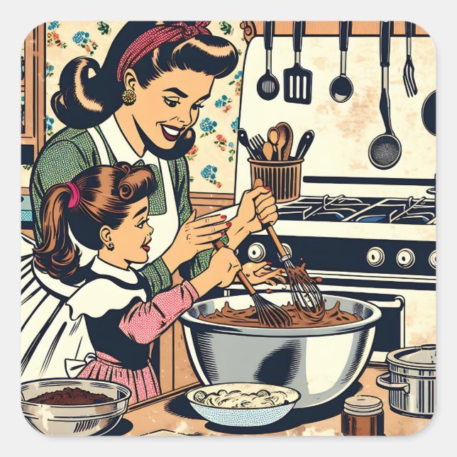 Cute Retro Mum and Daughter Baking Together Square Sticker (Front)