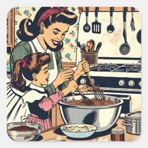Cute Retro Mum and Daughter Baking Together Square Sticker