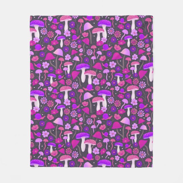 Cute Retro Mushrooms Trippy Purple, Pink & Black Fleece Blanket (Front)