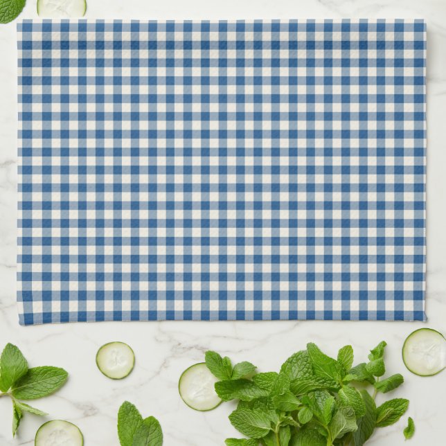 Cute Retro Navy Blue Gingham Plaid Pattern  Tea Towel (Folded)