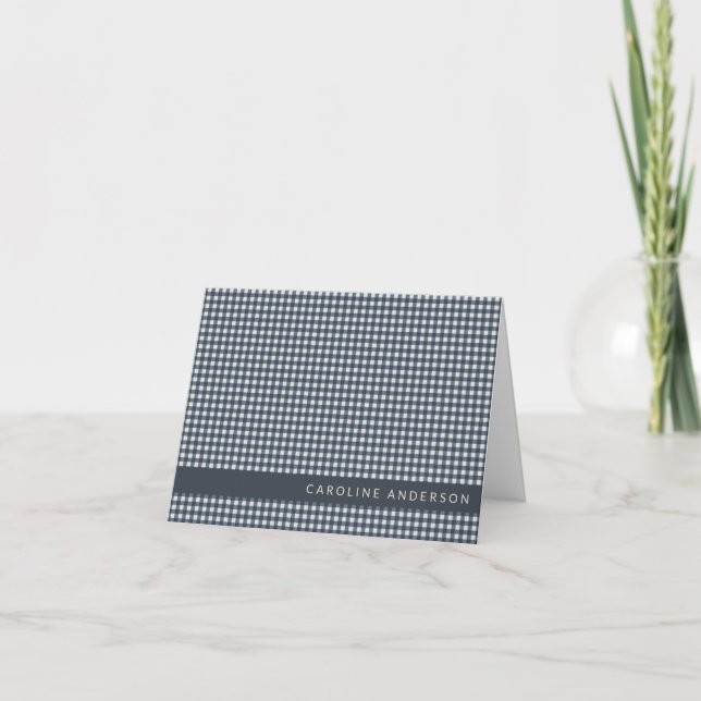 Cute Retro Navy Gingham Plaid Personalised Note Card (Front)