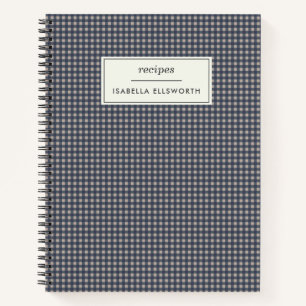Cute Retro Navy Gingham Plaid Personalised Recipe Notebook