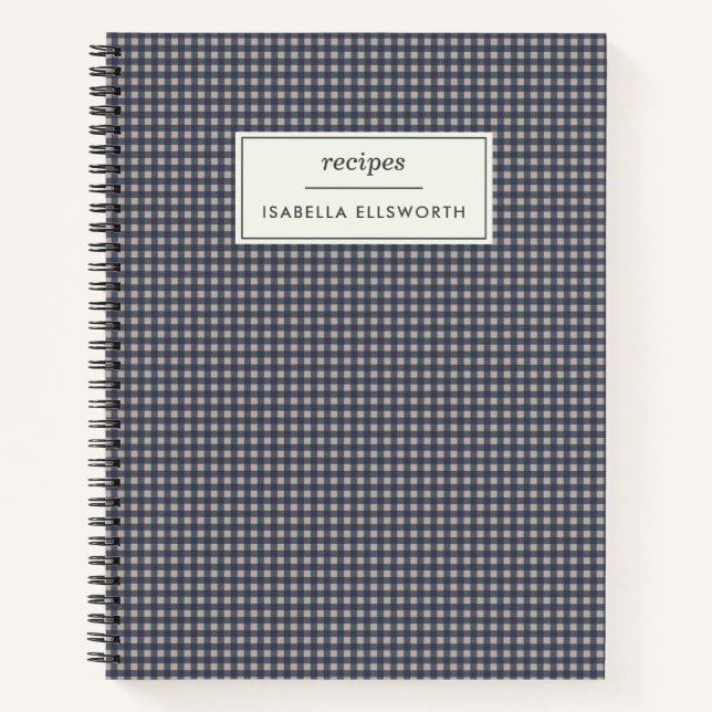 Cute Retro Navy Gingham Plaid Personalised Recipe Notebook (Front)