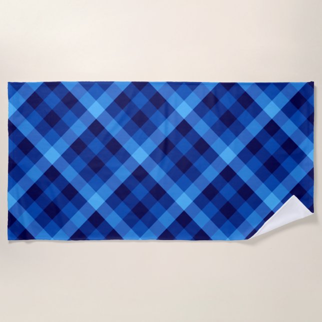 Cute Retro Ocean Blue Plaid Beach Towel (Front)