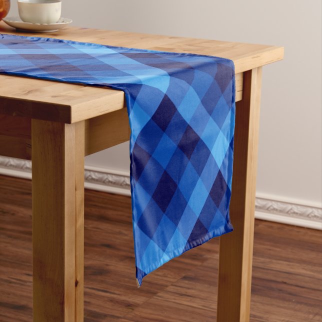 Cute Retro Ocean Blue Plaid Medium Table Runner (In Situ)