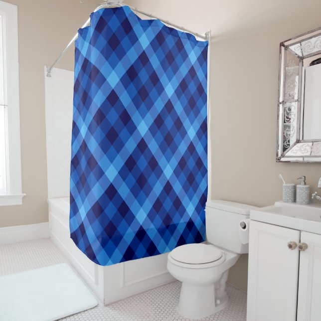 Cute Retro Ocean Blue Plaid Shower Curtain (In Situ)