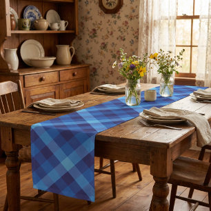 Cute Retro Ocean Blue Plaid Small Table Runner