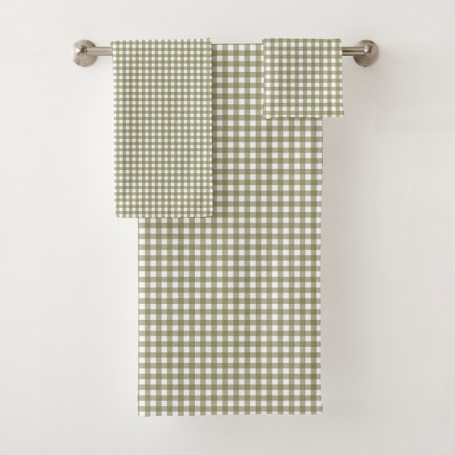 Cute Retro Olive Green Gingham Plaid Pattern   Bath Towel Set (Insitu)