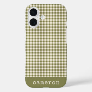 Cute Retro Olive Green Gingham Plaid Personalised iPhone 16 Case