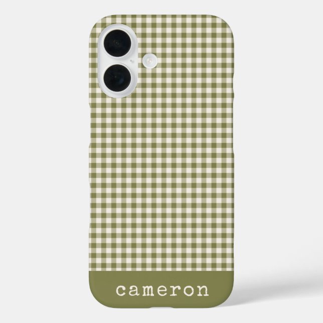Cute Retro Olive Green Gingham Plaid Personalised Case-Mate iPhone Case (Back)